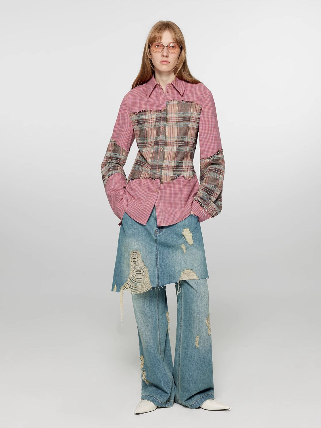 Tencel blended fake two-piece stitching jeans women's ripped raw edge straight wide-leg pants"Fashionable Sniper"