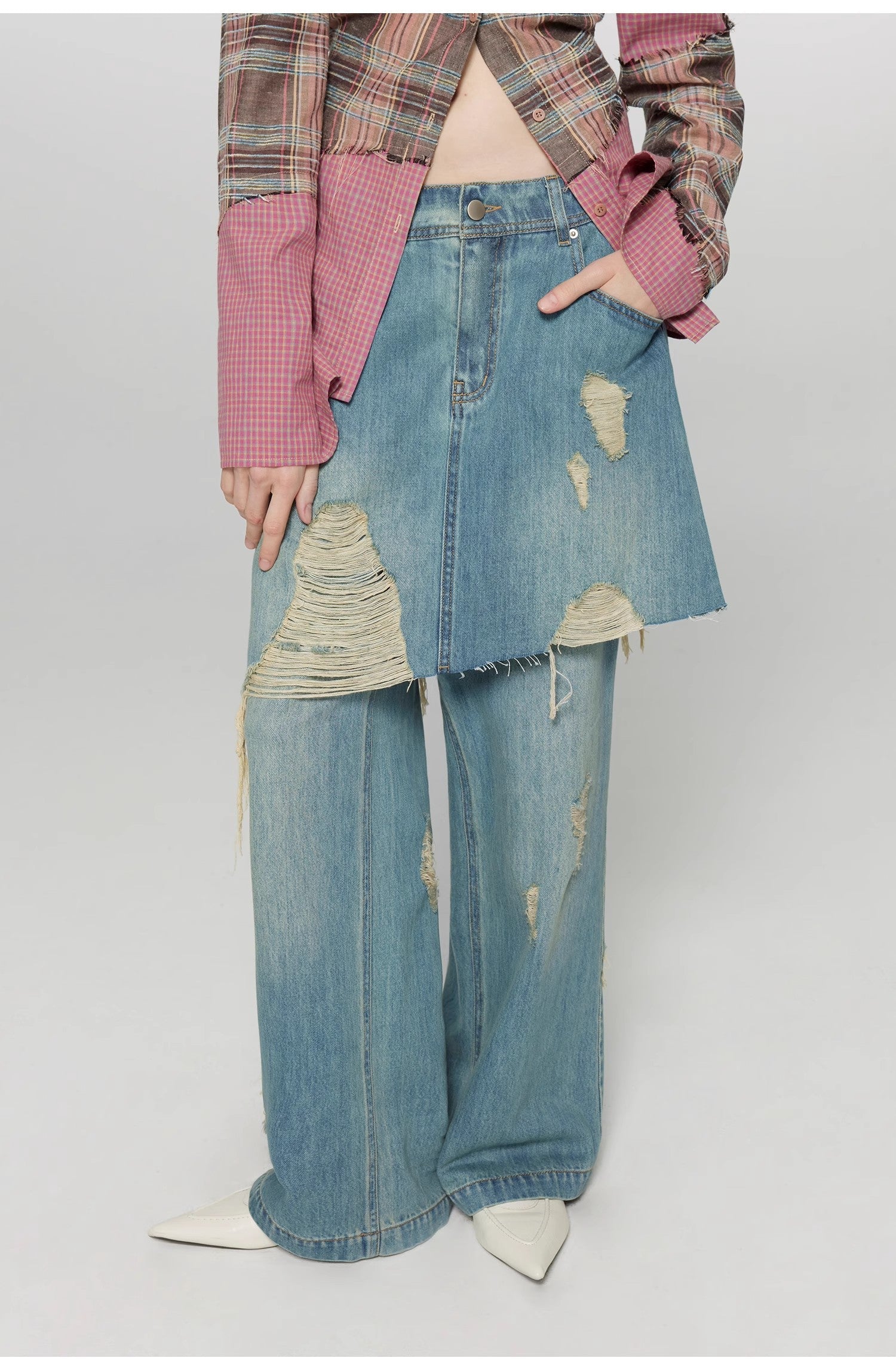 Tencel blended fake two-piece stitching jeans women's ripped raw edge straight wide-leg pants"Fashionable Sniper"