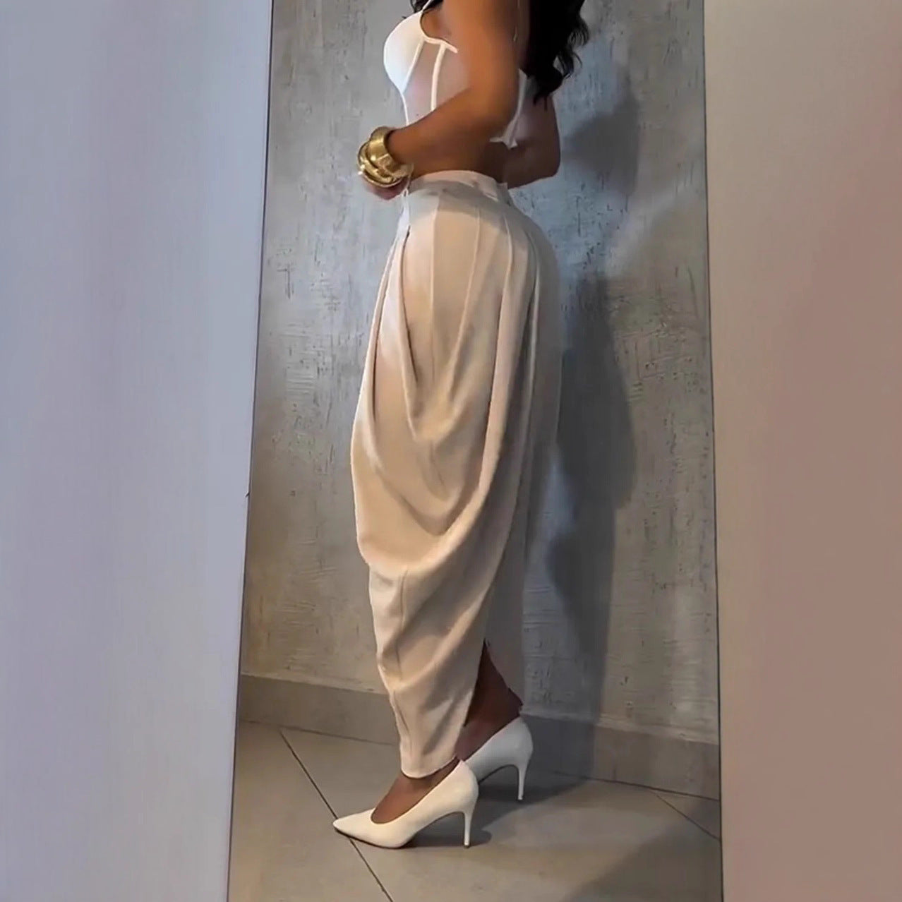 High Waist Loose Drooping Pleated Irregular Tapered Casual Pants Trousers