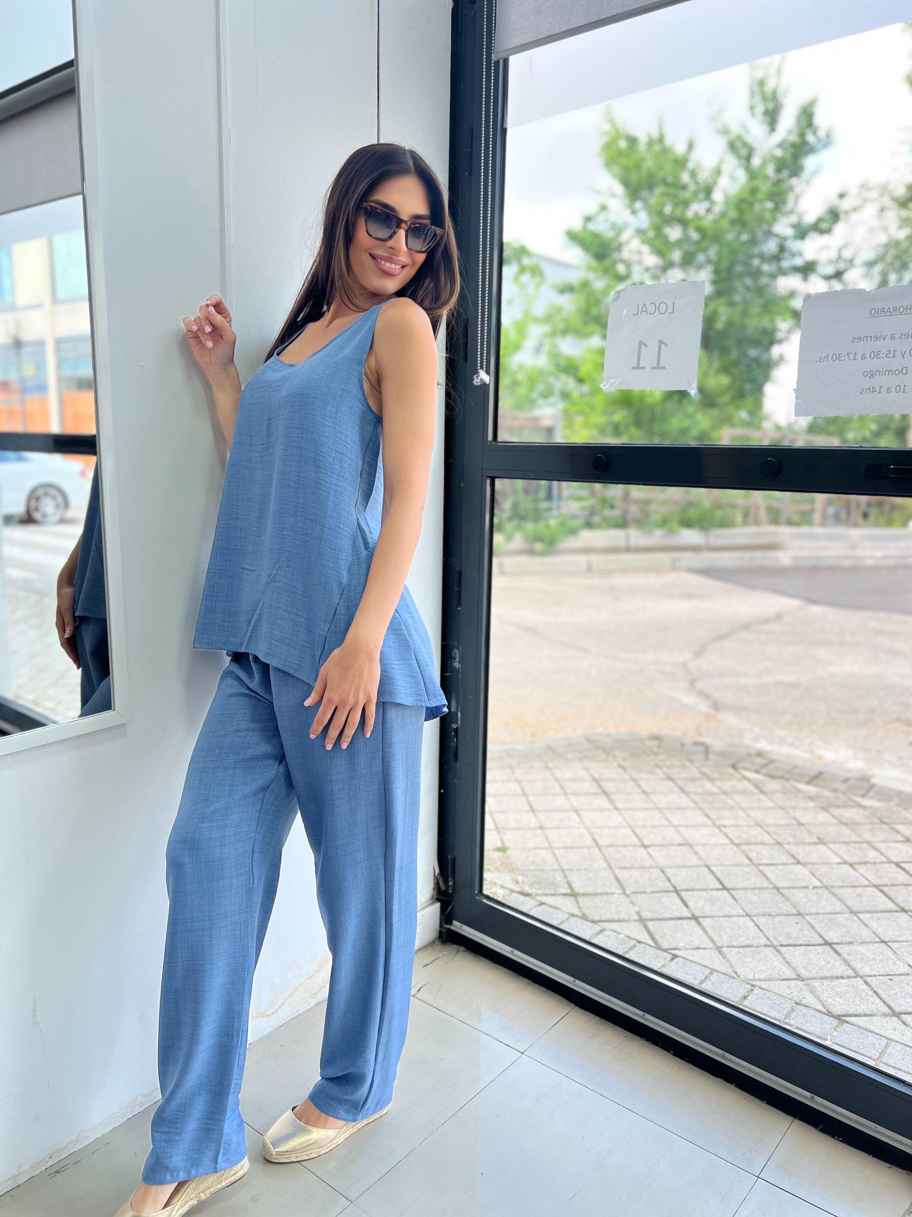 Conjunto pantalón y top en simil lino color jeans