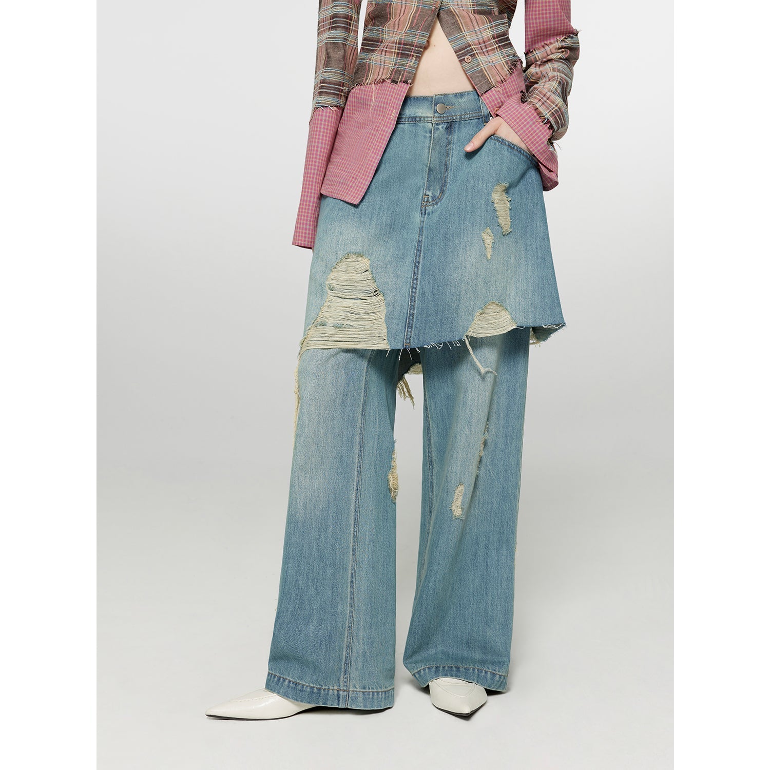 Tencel blended fake two-piece stitching jeans women's ripped raw edge straight wide-leg pants"Fashionable Sniper"