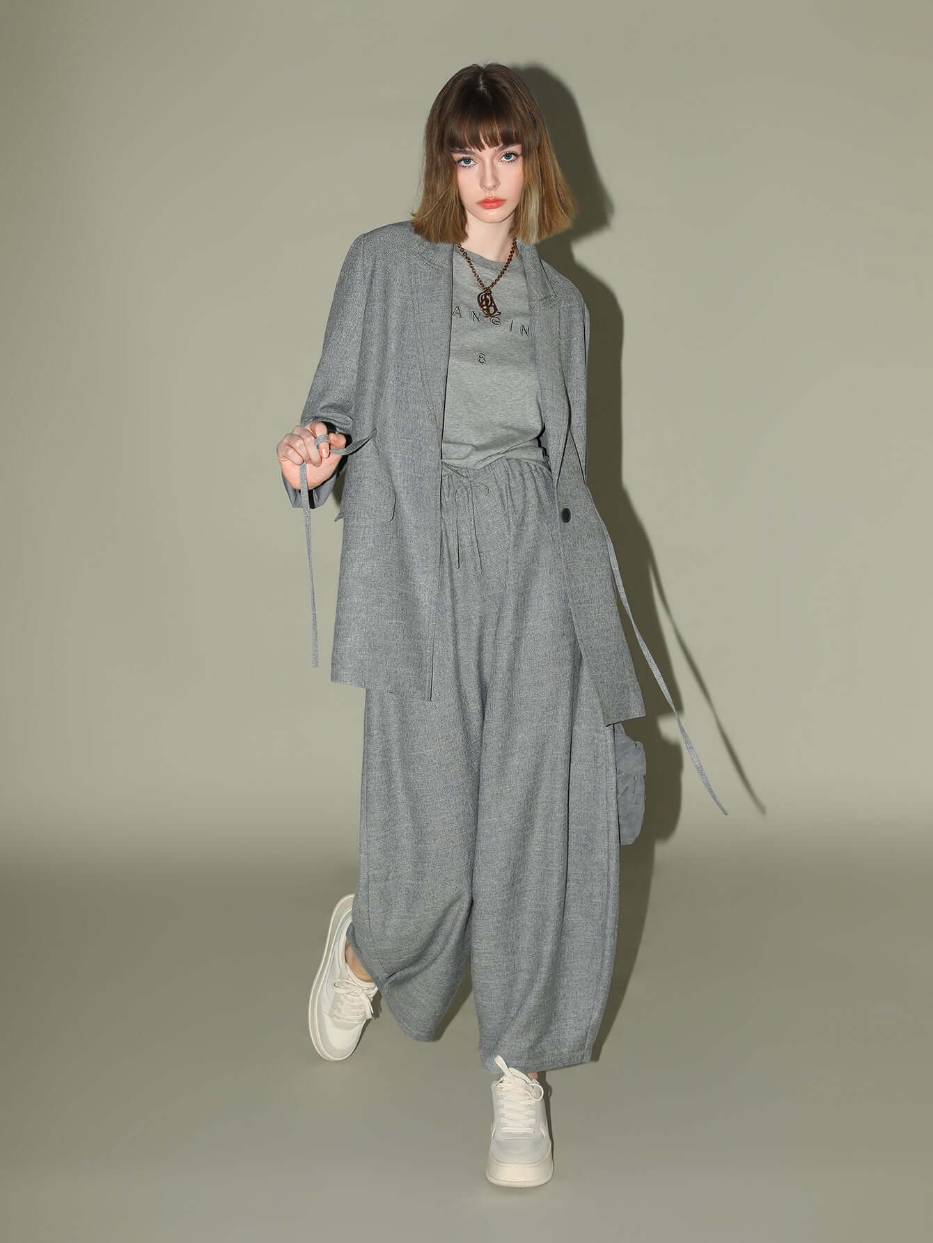 Grey Oversized Belted Blazer